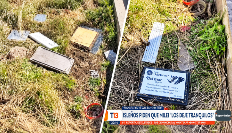 Imágenes de la televisión chilena muestran actos de vandalismo contra homenajes argentinos en el cementerio de las Malvinas