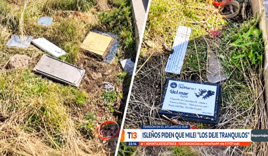 Imágenes de la televisión chilena muestran actos de vandalismo contra homenajes argentinos en el cementerio de las Malvinas